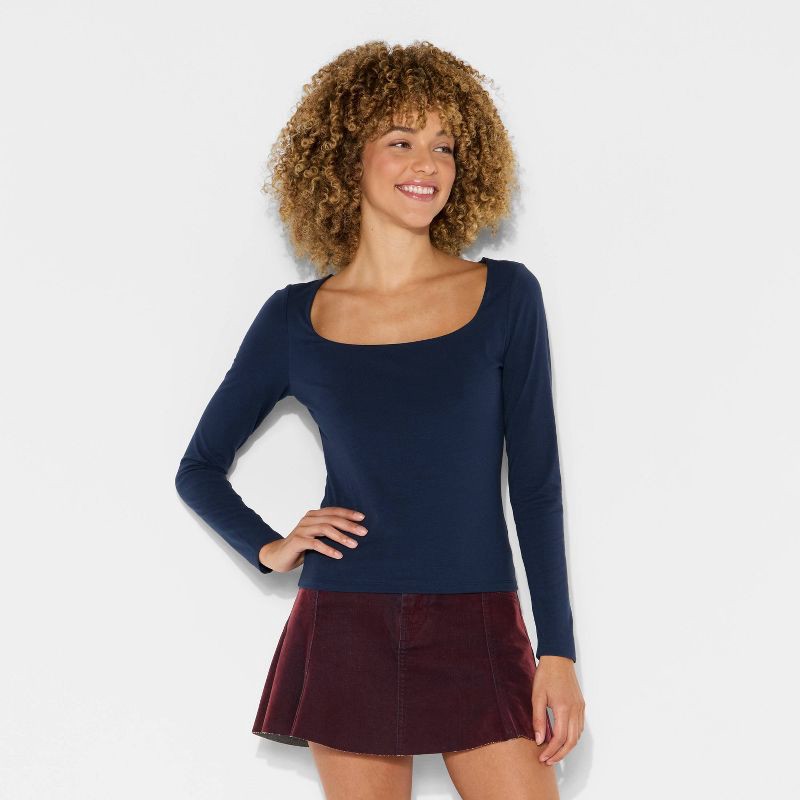 slide 2 of 4, Women's Long Sleeve Square Neck T-Shirt - Wild Fable™ Navy Blue S, 1 ct