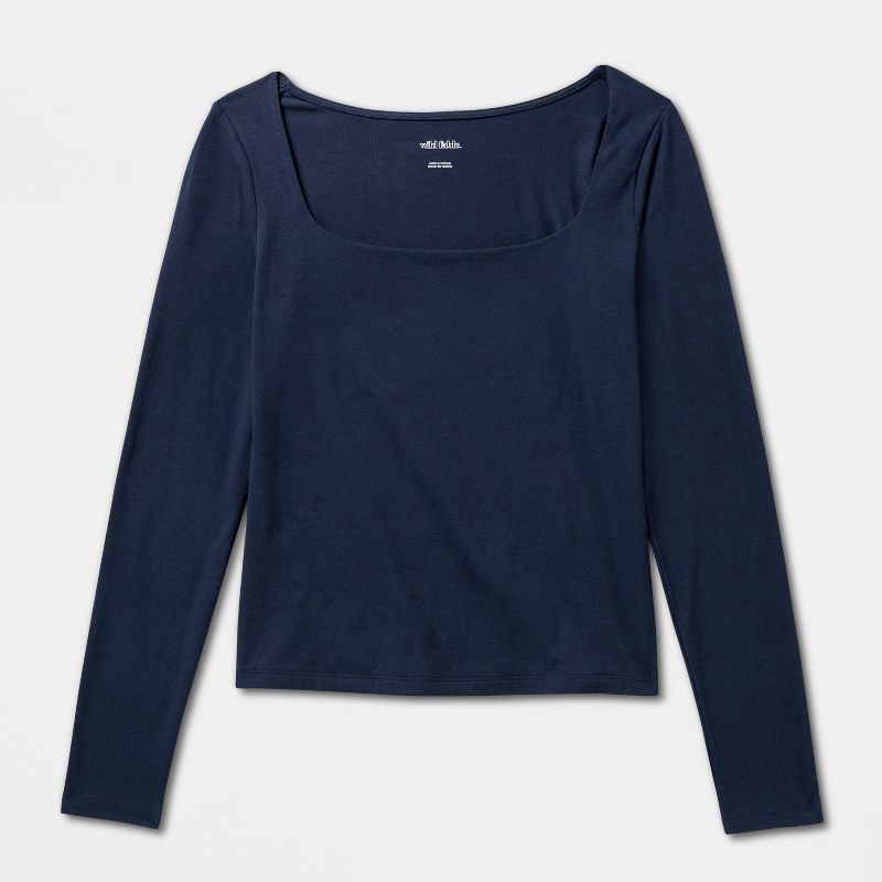 slide 4 of 4, Women's Long Sleeve Square Neck T-Shirt - Wild Fable™ Navy Blue M, 1 ct