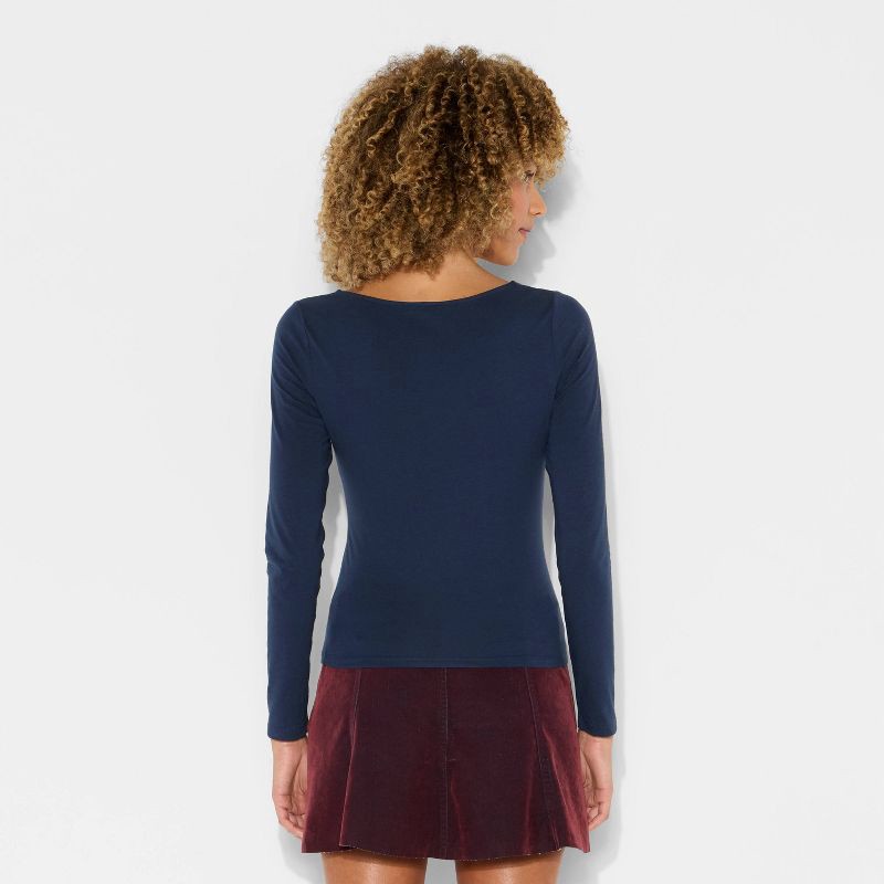 slide 3 of 4, Women's Long Sleeve Square Neck T-Shirt - Wild Fable™ Navy Blue L, 1 ct
