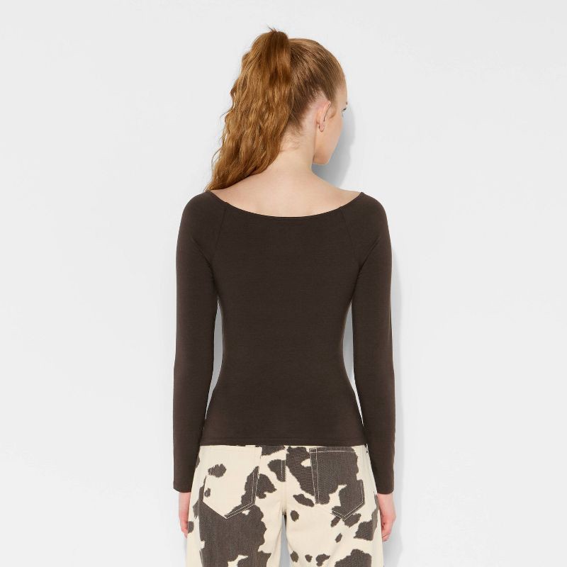 slide 3 of 4, Women's Slim Fit Long Sleeve Keyhole T-Shirt - Wild Fable™ Espresso XXS, 1 ct