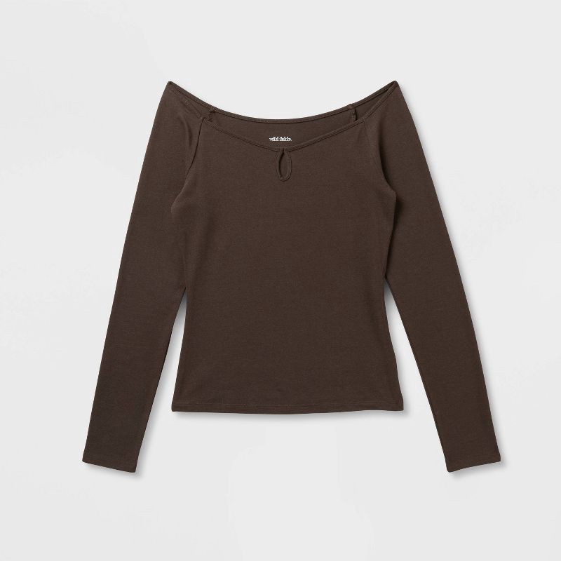 slide 4 of 4, Women's Slim Fit Long Sleeve Keyhole T-Shirt - Wild Fable™ Espresso XXS, 1 ct
