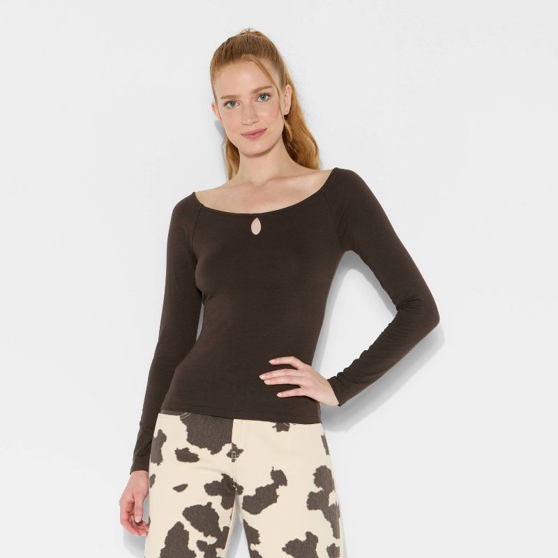 slide 2 of 4, Women's Slim Fit Long Sleeve Keyhole T-Shirt - Wild Fable™ Espresso L, 1 ct