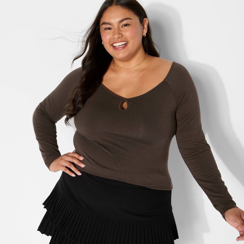 slide 1 of 3, Women's Slim Fit Long Sleeve Keyhole T-Shirt - Wild Fable™ Espresso XXL, 1 ct