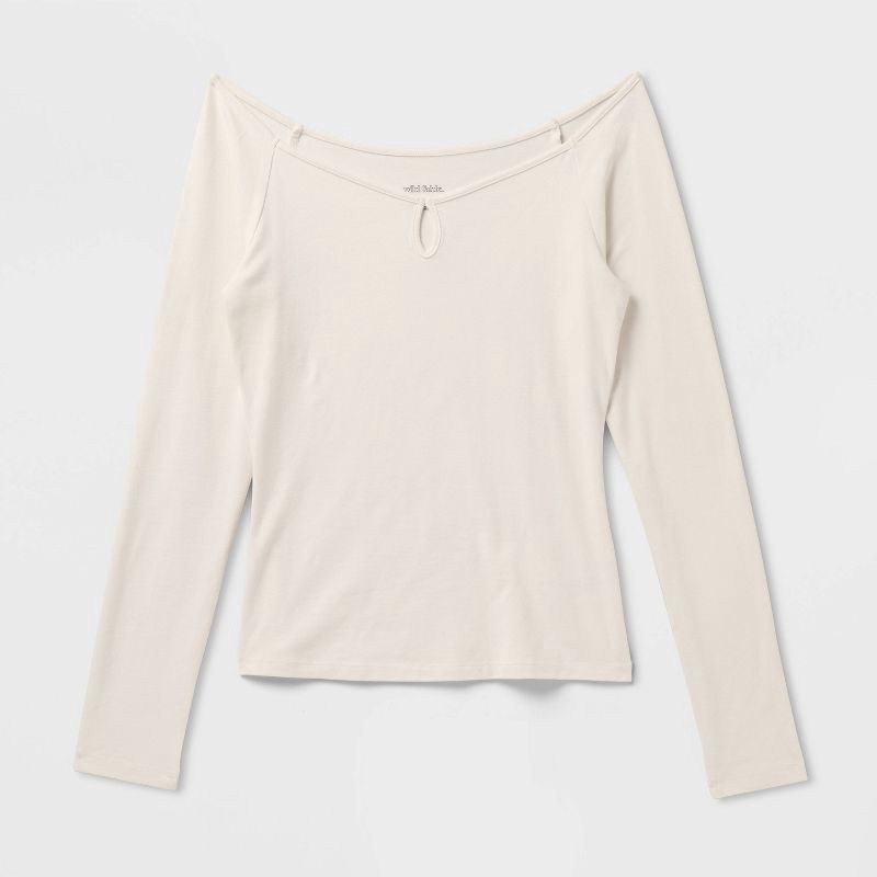 slide 4 of 4, Women's Slim Fit Long Sleeve Keyhole T-Shirt - Wild Fable™ Off-White XS, 1 ct