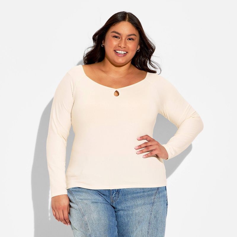 slide 2 of 3, Women's Slim Fit Long Sleeve Keyhole T-Shirt - Wild Fable™ Off-White XXL, 1 ct