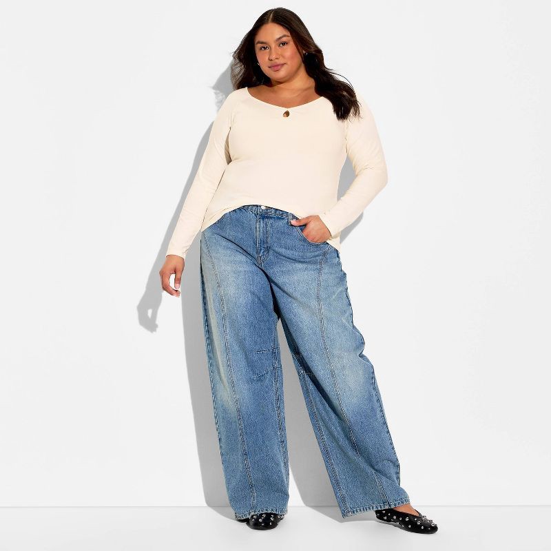 slide 1 of 3, Women's Slim Fit Long Sleeve Keyhole T-Shirt - Wild Fable™ Off-White XXL, 1 ct