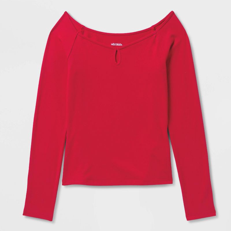 slide 4 of 4, Women's Slim Fit Long Sleeve Keyhole T-Shirt - Wild Fable™ Berry Red XXS, 1 ct