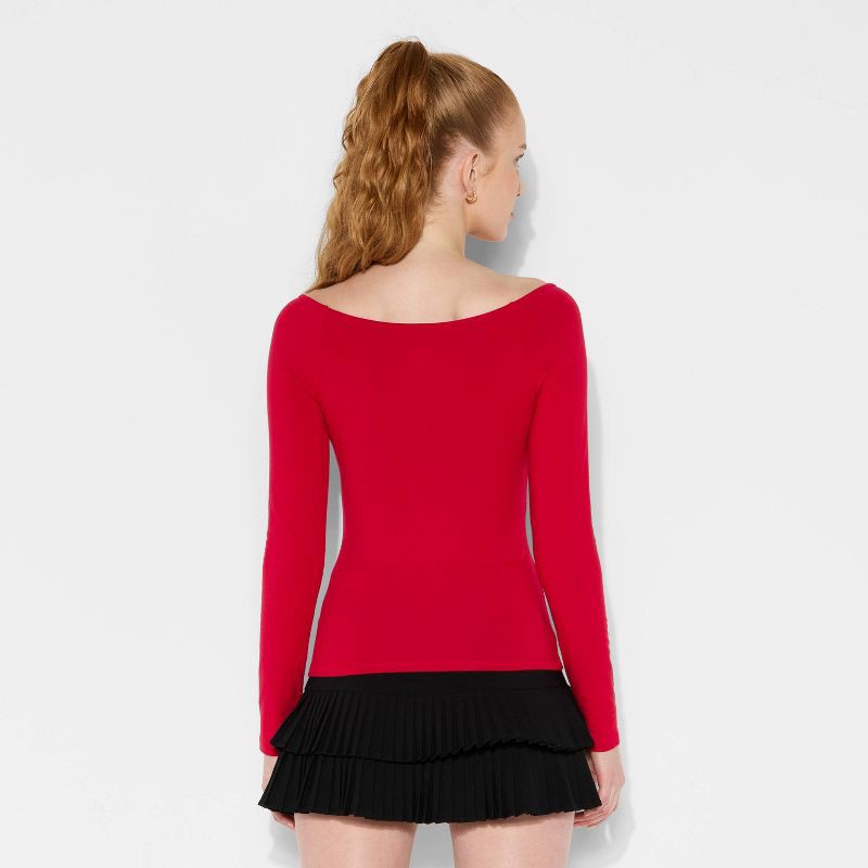 slide 3 of 4, Women's Slim Fit Long Sleeve Keyhole T-Shirt - Wild Fable™ Berry Red S, 1 ct