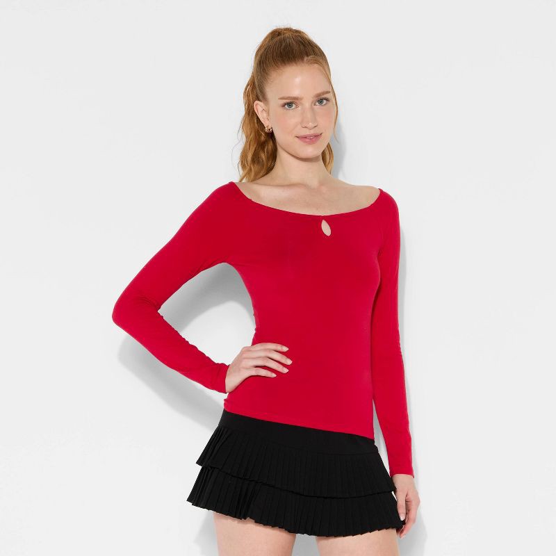 slide 2 of 4, Women's Slim Fit Long Sleeve Keyhole T-Shirt - Wild Fable™ Berry Red XL, 1 ct