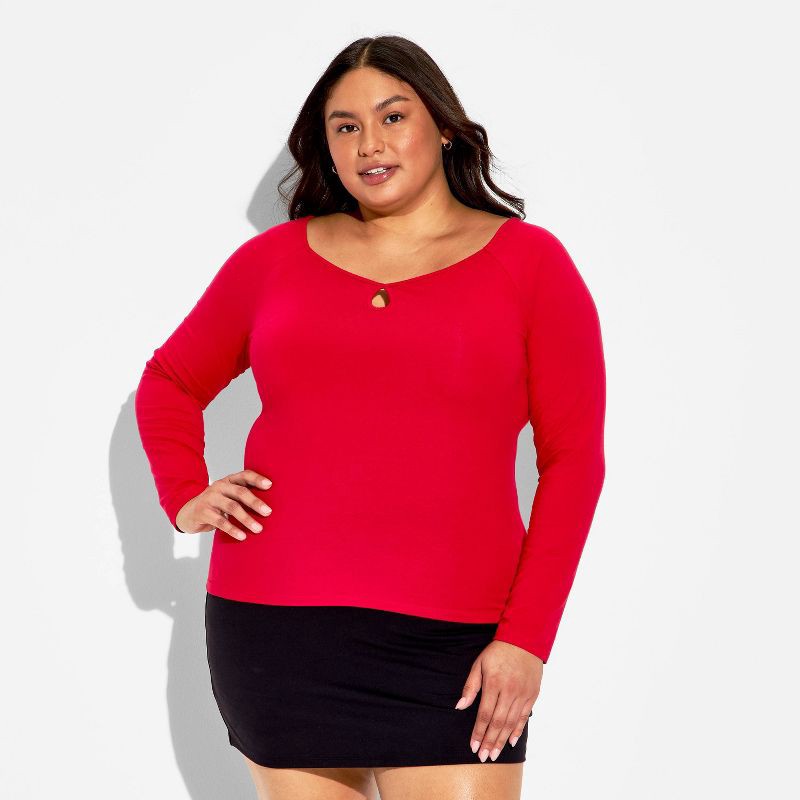 slide 2 of 3, Women's Slim Fit Long Sleeve Keyhole T-Shirt - Wild Fable™ Berry Red XXL, 1 ct
