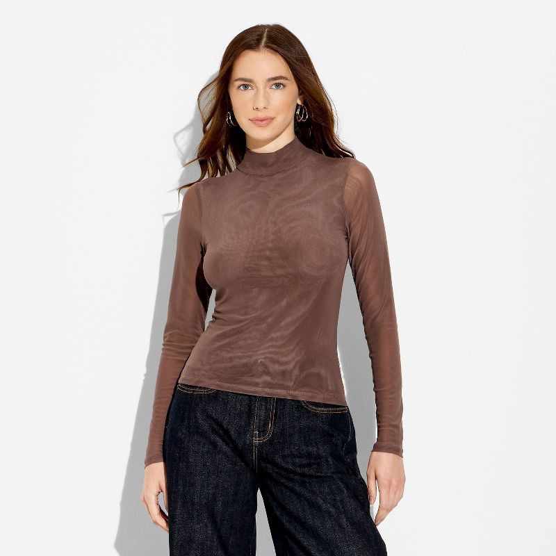 slide 2 of 4, Women's Slim Fit Long Sleeve Mock Turtleneck T-Shirt - Wild Fable™ Brown M, 1 ct