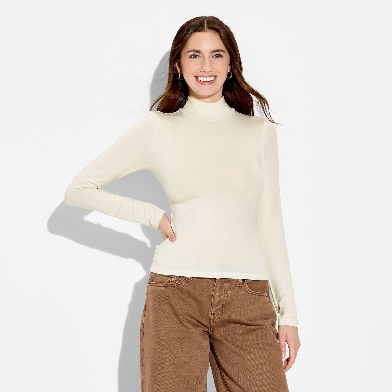 slide 2 of 4, Women's Slim Fit Long Sleeve Mock Turtleneck T-Shirt - Wild Fable™ Off-White XS, 1 ct