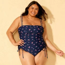 Women's Floral Print High Leg Cheeky Adjustable Tunneled Side One Piece Swimsuit - Wild Fable™ Navy Blue 18