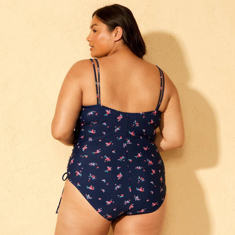 slide 2 of 3, Women's Floral Print High Leg Cheeky Adjustable Tunneled Side One Piece Swimsuit - Wild Fable™ Navy Blue 20, 1 ct