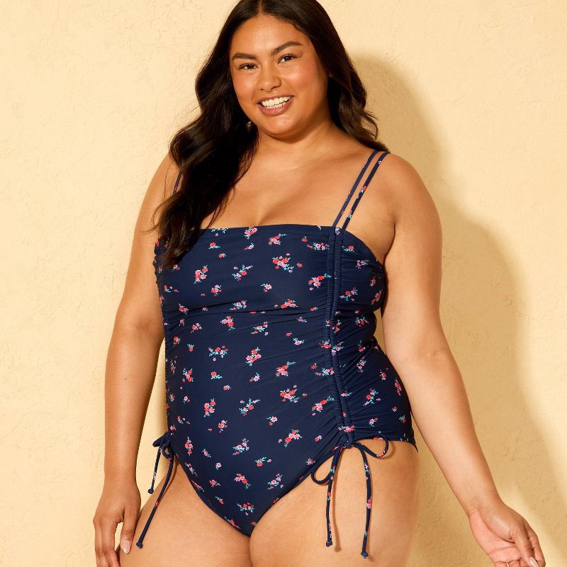 slide 3 of 3, Women's Floral Print High Leg Cheeky Adjustable Tunneled Side One Piece Swimsuit - Wild Fable™ Navy Blue 22, 1 ct