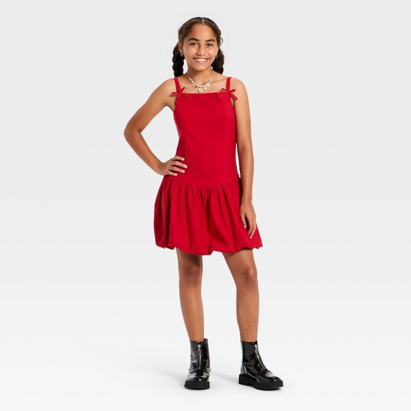 slide 3 of 3, Girls' Drop Waist Bubble Hem Dress - art class™ Red XL, 1 ct