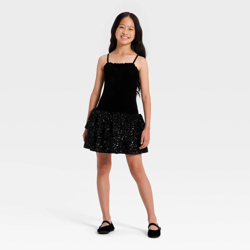 slide 3 of 3, Girls' Stretch Velvet Sequin Dress - art class™ Black S, 1 ct