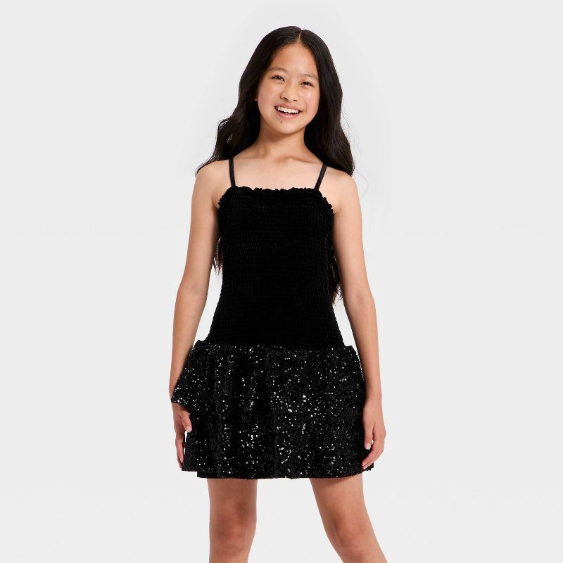 slide 1 of 3, Girls' Stretch Velvet Sequin Dress - art class™ Black XL, 1 ct