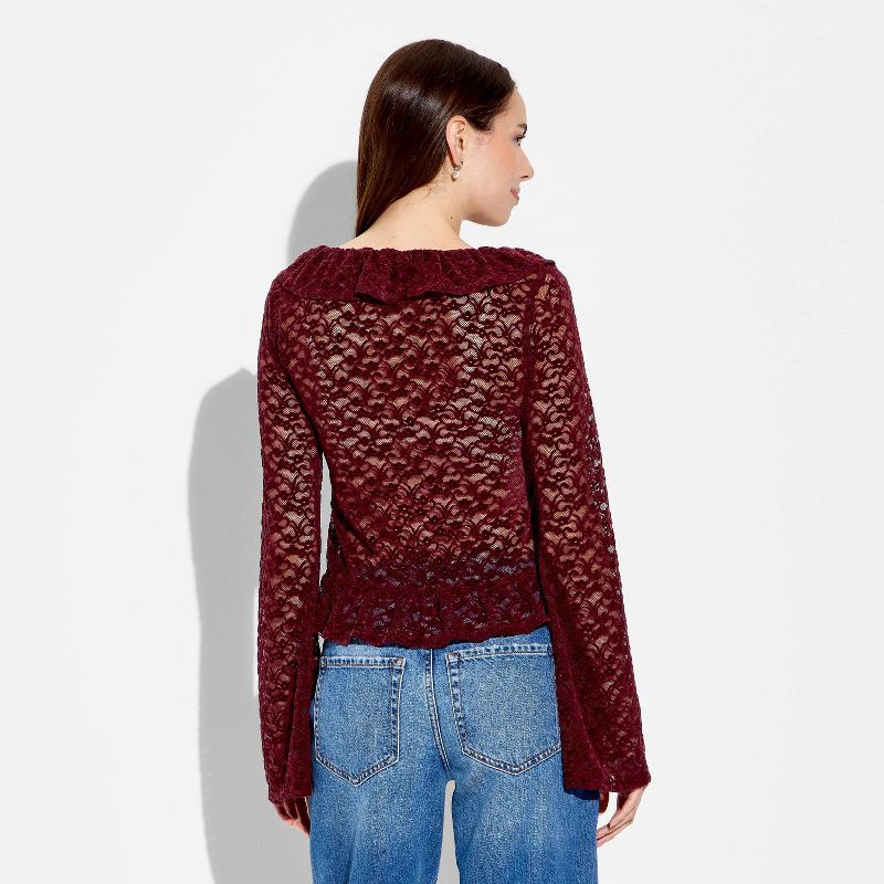 slide 3 of 3, Women's Long Sleeve V-Neck Flyaway Brushed Lace Top - Wild Fable™ Burgundy XXS, 1 ct