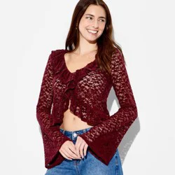 Women's Long Sleeve V-Neck Flyaway Brushed Lace Top - Wild Fable™ Burgundy L