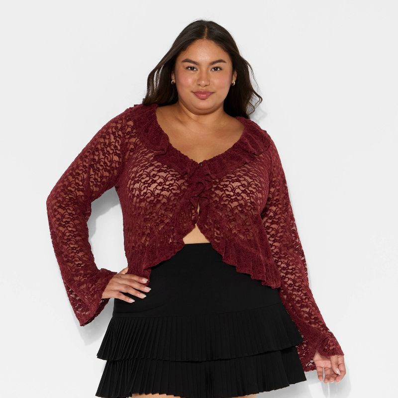slide 2 of 3, Women's Long Sleeve V-Neck Flyaway Brushed Lace Top - Wild Fable™ Burgundy XXL, 1 ct