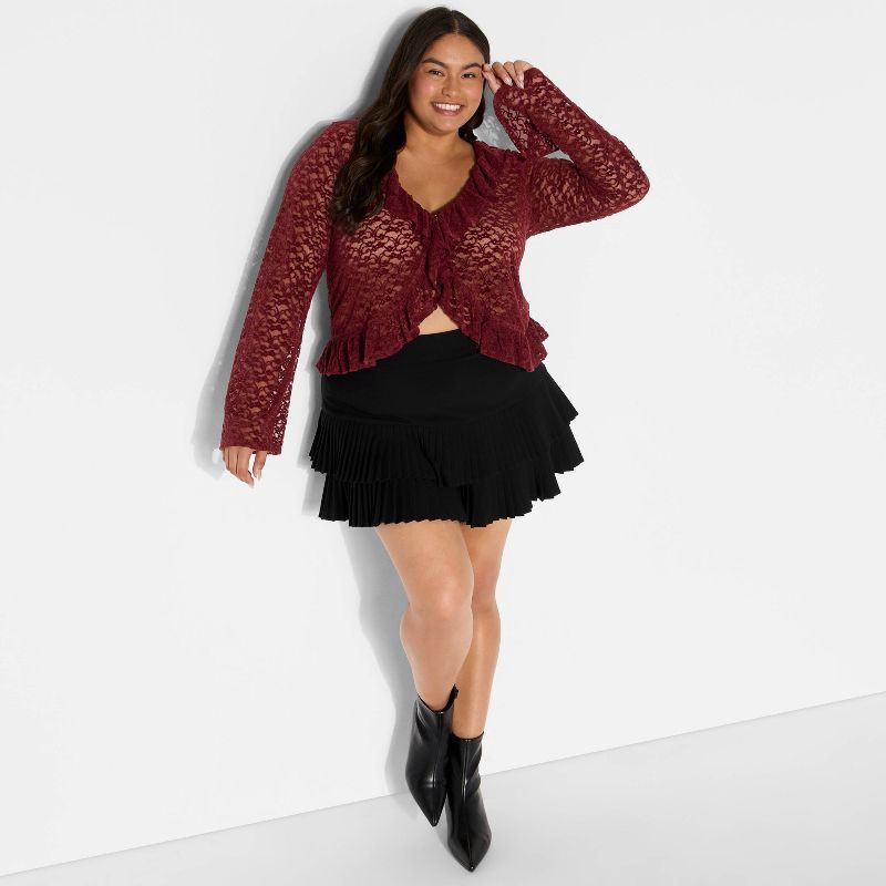 slide 1 of 3, Women's Long Sleeve V-Neck Flyaway Brushed Lace Top - Wild Fable™ Burgundy XXL, 1 ct