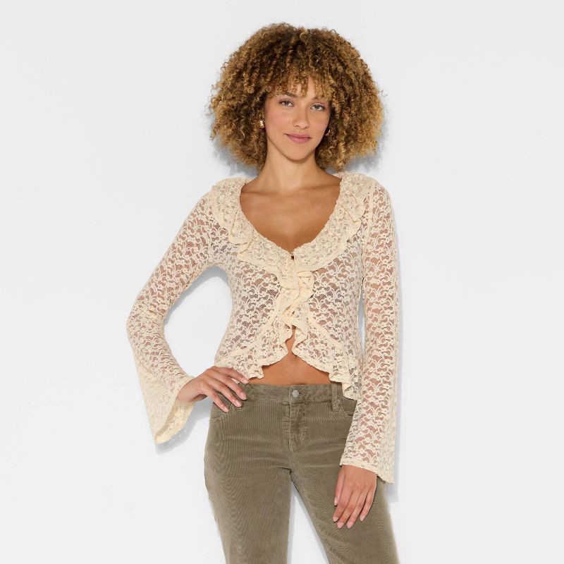 slide 2 of 3, Women's Long Sleeve V-Neck Flyaway Brushed Lace Top - Wild Fable™ Off-White XL, 1 ct