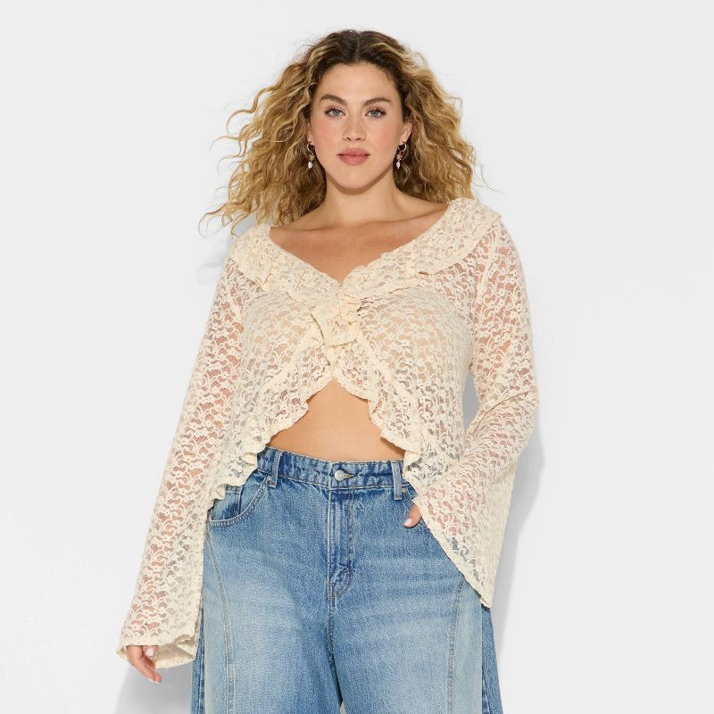 slide 2 of 3, Women's Long Sleeve V-Neck Flyaway Brushed Lace Top - Wild Fable™ Off-White XXL, 1 ct