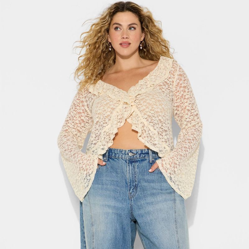 slide 1 of 3, Women's Long Sleeve V-Neck Flyaway Brushed Lace Top - Wild Fable™ Off-White XXL, 1 ct