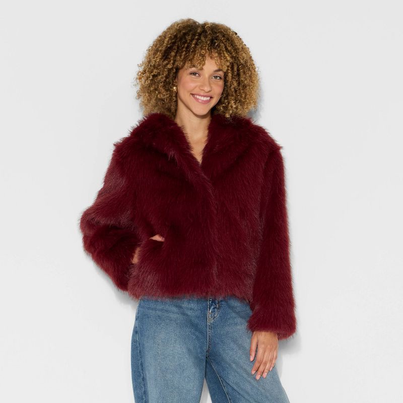 slide 2 of 3, Women's Short Faux Fur Jacket - Wild Fable™ Burgundy S, 1 ct