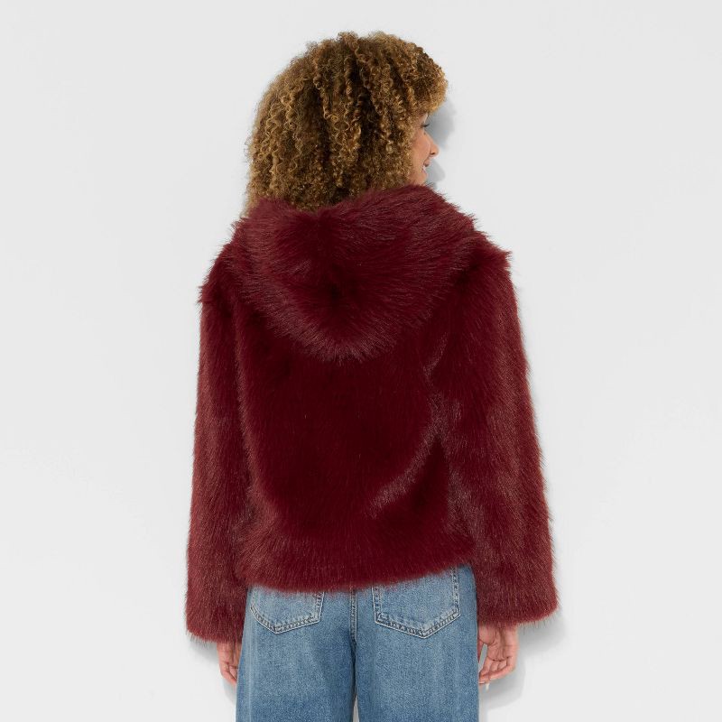 slide 3 of 3, Women's Short Faux Fur Jacket - Wild Fable™ Burgundy S, 1 ct