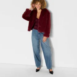 Women's Short Faux Fur Jacket - Wild Fable™ Burgundy XL