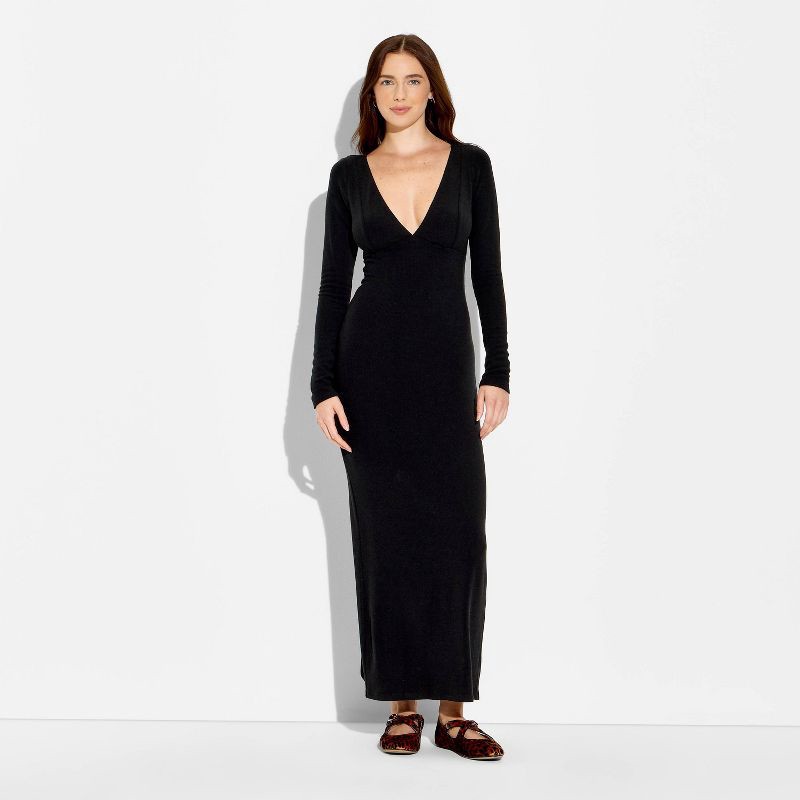 slide 2 of 3, Women's Cozy Long Sleeve Maxi Empire Waist Dress - Wild Fable™ Black M, 1 ct