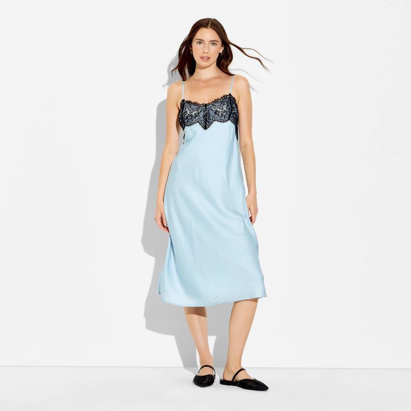 slide 2 of 3, Women's Lace Trim Satin Midi A-Line Dress - Wild Fable™ Blue XXS, 1 ct