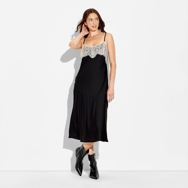 slide 2 of 3, Women's Lace Trim Satin Midi A-Line Dress - Wild Fable™ Black S, 1 ct