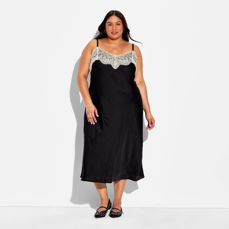 slide 2 of 3, Women's Lace Trim Satin Midi A-Line Dress - Wild Fable™ Black XXL, 1 ct