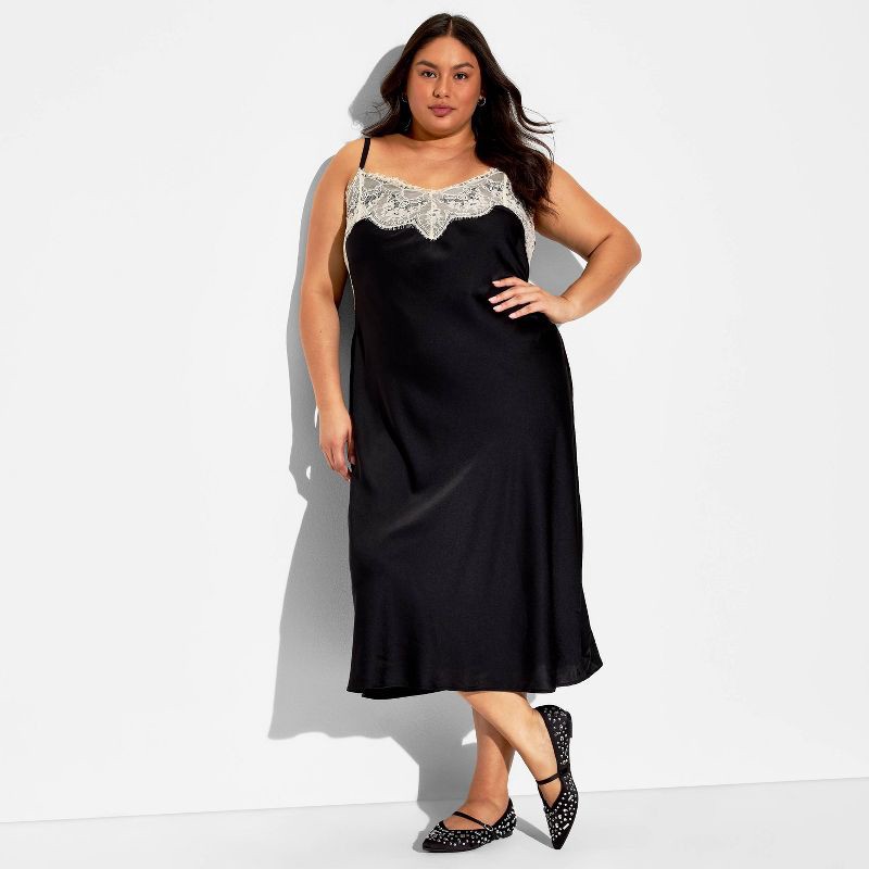 slide 1 of 3, Women's Lace Trim Satin Midi A-Line Dress - Wild Fable™ Black XXL, 1 ct
