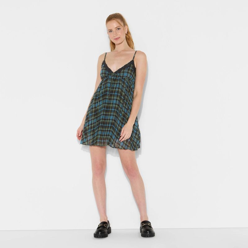 slide 2 of 3, Women's Pleated Mini Babydoll Dress - Wild Fable™ Dark Blue Plaid M, 1 ct