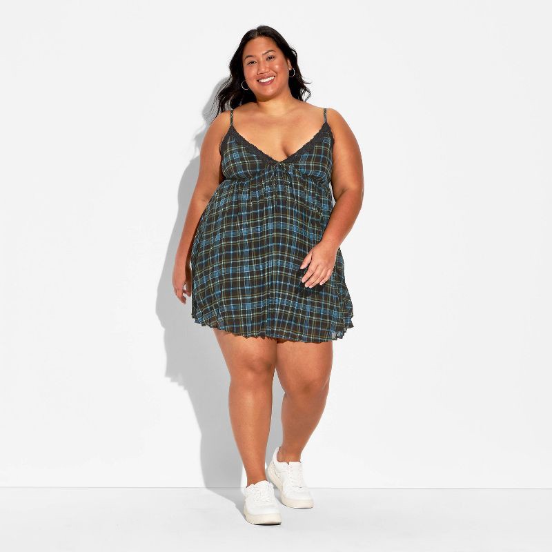slide 2 of 3, Women's Pleated Mini Babydoll Dress - Wild Fable™ Dark Blue Plaid XXL, 1 ct