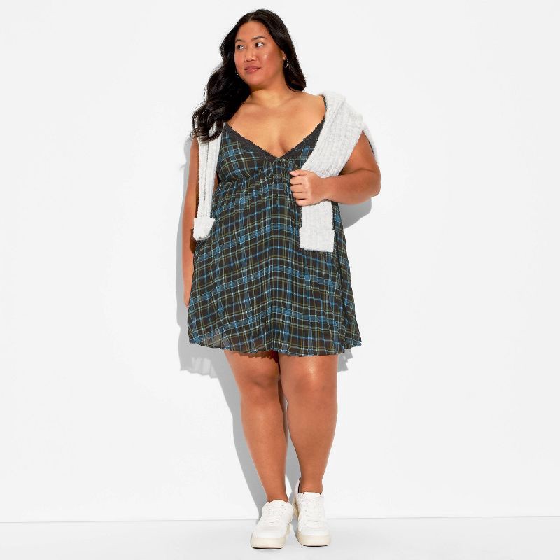 slide 1 of 3, Women's Pleated Mini Babydoll Dress - Wild Fable™ Dark Blue Plaid XXL, 1 ct