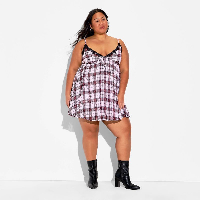 slide 2 of 3, Women's Pleated Mini Babydoll Dress - Wild Fable™ Burgundy Plaid XXL, 1 ct