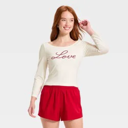 Women's Slim Fit Long Sleeve Valentine's Day Graphic Boat Neck T-Shirt - Universal Thread™ Cream L