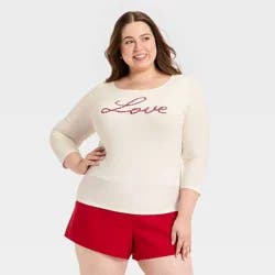 Women's Slim Fit Long Sleeve Valentine's Day Graphic Boat Neck T-Shirt - Universal Thread™ Cream XXL