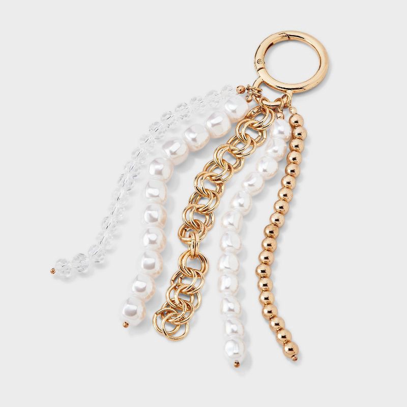 slide 1 of 2, Beaded Pearl Tassel Chain Bag Charm - A New Day™ Gold/Peral, 1 ct