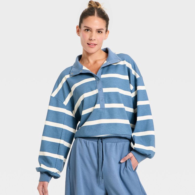 slide 4 of 5, Women's Active Comfort French Terry Henley Sweatshirt - All In Motion™ Steel Blue/Cream Stripe XS, 1 ct
