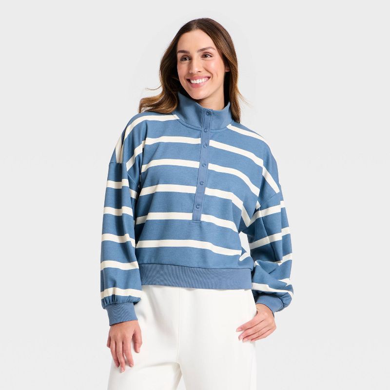 slide 2 of 5, Women's Active Comfort French Terry Henley Sweatshirt - All In Motion™ Steel Blue/Cream Stripe XS, 1 ct