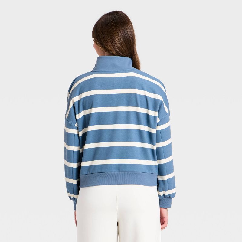 slide 3 of 5, Women's Active Comfort French Terry Henley Sweatshirt - All In Motion™ Steel Blue/Cream Stripe XS, 1 ct