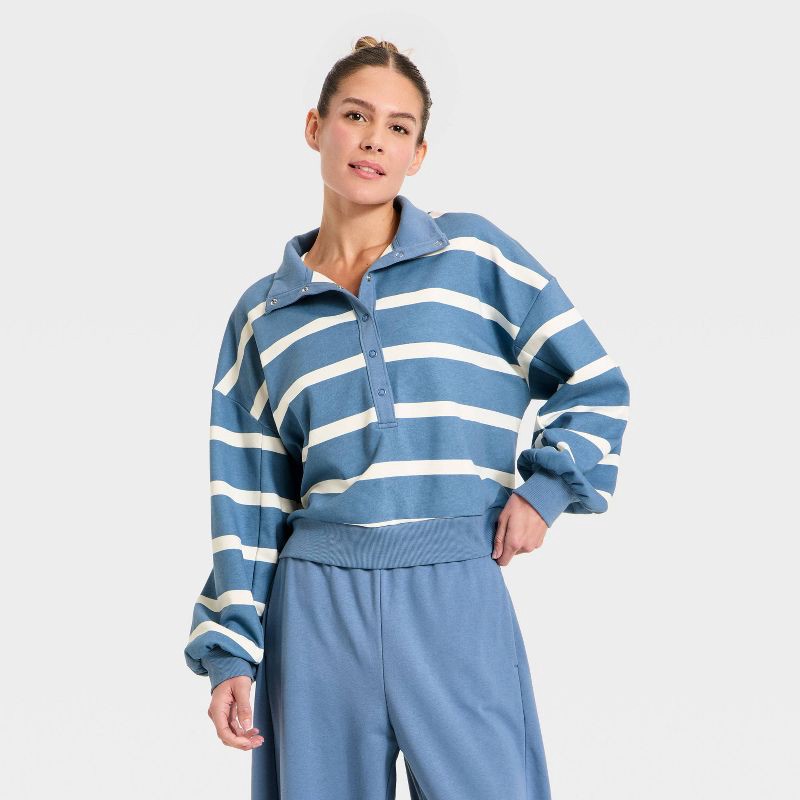 slide 1 of 5, Women's Active Comfort French Terry Henley Sweatshirt - All In Motion™ Steel Blue/Cream Stripe L, 1 ct