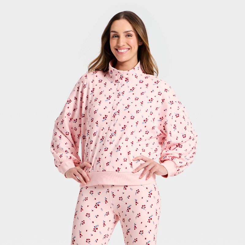 slide 3 of 5, Women's Active Comfort French Terry Henley Sweatshirt - All In Motion™ Light Pink Floral S, 1 ct