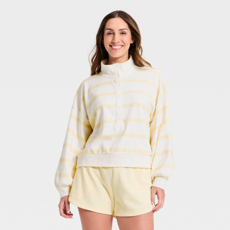 slide 4 of 5, Women's Active Comfort French Terry Henley Sweatshirt - All In Motion™ Cream/Light Yellow Stripe XL, 1 ct